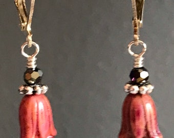 Dark pink tulip dangle earrings