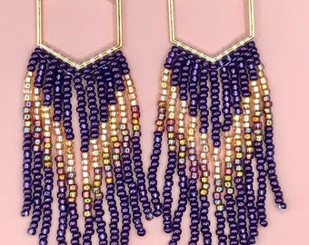 Gold and purple hexagon beaded fringe earrings