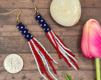 Patriotic US Flag, Red, White and Blue, Stars and Stripes Beaded tassel fringe earrings