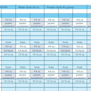 May include: A blue and white weekly schedule chart with time slots from 7:00 AM to 3:00 PM. It includes water and protein goals, with columns for fluid ounces and grams. The chart details fluid and supplement intake.