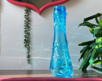 Vintage Turquoise Art Glass Vase: Mid Century Hand Blown Urchin Design