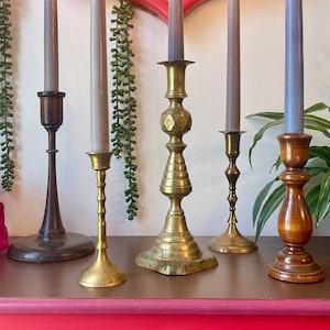 Vintage Brass and Wood Candlestick Holders Set