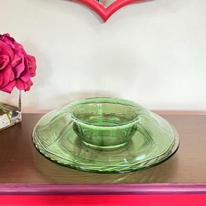 Uranium Green Depression Glass Platters | Vintage 1930s Vaseline Glass Glows Under UV | Green Floral Etched Glass Serving Tray Set