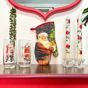 Vintage Coca Cola Santa Claus Glasses, Christmas Oven Mitt, and Candle Holders