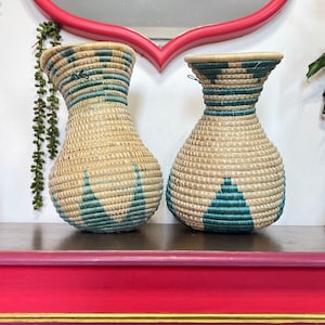 Vintage Seagrass Woven Baskets Set of 2 | Vintage Blue and Beige Coiled Seagrass Woven Vases | MCM Home Decor Display Baskets
