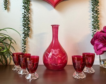 Vintage Ruby Flash Decanter Set With Etched Floral Red Shot Glasses