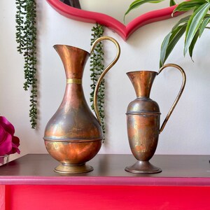 Vintage Copper Vases | Brass Pitchers, Copper Pitchers, Flower Vases, Vintage Pitchers Set of 2 | Antique Brass Decor