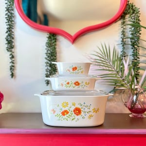 Vintage Corning Ware Wildflower Casserole Dishes | Corningware Petite Pan, Casserole Baking Dish Set of 3 + Glass Lids | Vintage Bakeware