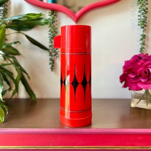 Vintage Aladdin&#39;s Vanguard Thermos Bottle | Red with Black Diamonds Aladdin Plastic Thermos Bottle NO. 43C Quart | Tall Vintage Thermos