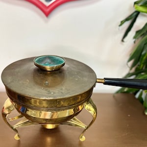 Vintage Chafing Dish Food Warmer Set with Turquoise Porcelain Knob | Mid Century Modern Brass & Aluminum 5-Piece Serving Dish