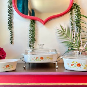 Vintage Corning Ware Wildflower Casserole Dishes | Corning Ware Petite Pan and Casserole Dish Set of 3 with Glass Lids + Vintage Cradle