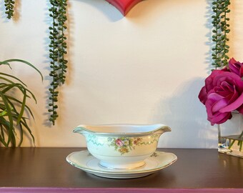Vintage Grace China Gravy Boat with Saucer: Floral Garden, Made in Japan