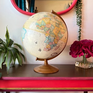 Vintage 12&quot; Globemaster Replogle Globe | Neutral Toned Geographical Desk Globe with Metal Base Holder