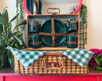 Vintage Wicker Picnic Basket Set - Mid Century Picnic Set for 4 with Green Tableware and Green Plaid Tablecloth, MCM Wicker Picnic Set