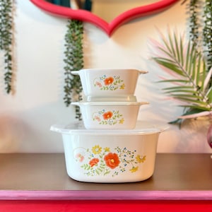 Vintage Corning Ware Wildflower Casserole Dishes + Plastic Lids | Corning Ware Baking Dish, Petite Pan, Refrigerator Lids | Vintage Kitchen