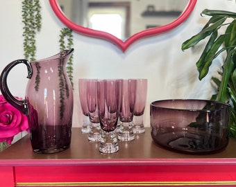 Vintage Amethyst Glass Barware Set: Krosno Pilsner Glasses, Pitcher & Bowl
