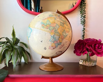 Vintage 12" Globemaster Replogle Globe | Neutral Toned Geographical Desk Globe with Metal Base Holder
