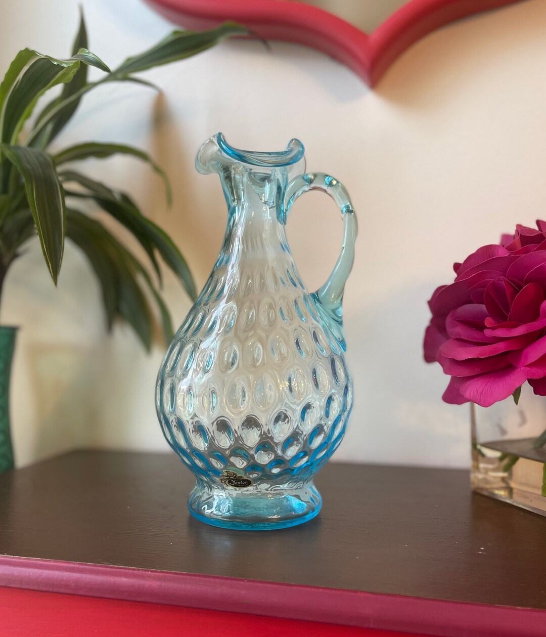 Vintage Fenton Blue Dot Optic Glass Decanter, Ruffled Aqua Pitcher - Etsy