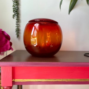 MCM Orange Red Ombre Round Glass Fish Bowl Vase or Terrarium Succulent Planter, Vintage Glass Sphere Bubble Vase Flame Mid Century Art Glass
