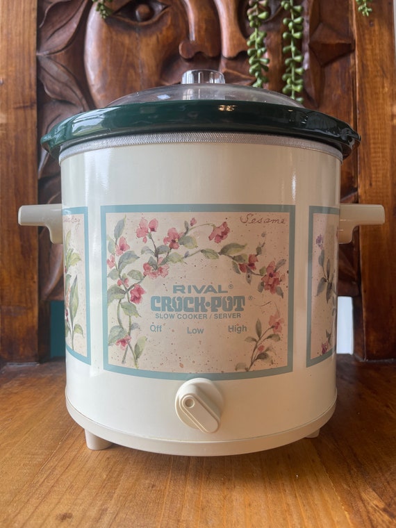 Vintage Rival Crockpot 3.5 Quart Floral Slow Cooker Herb Pattern Crockpot  With Original Plastic Lid Heated Slow Cooker Retro Kitchen 