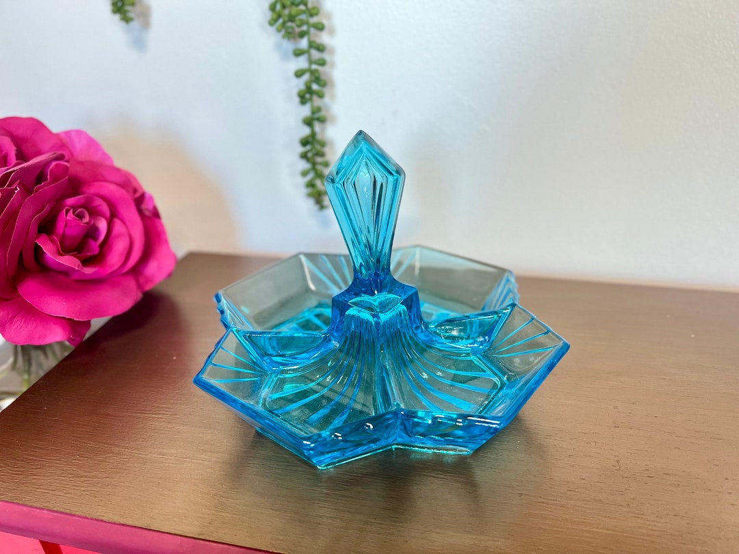 Art Deco Depression Glass Divided Relish Dish Aqua Indiana Glass Tiara Pyramid Pattern Condiment