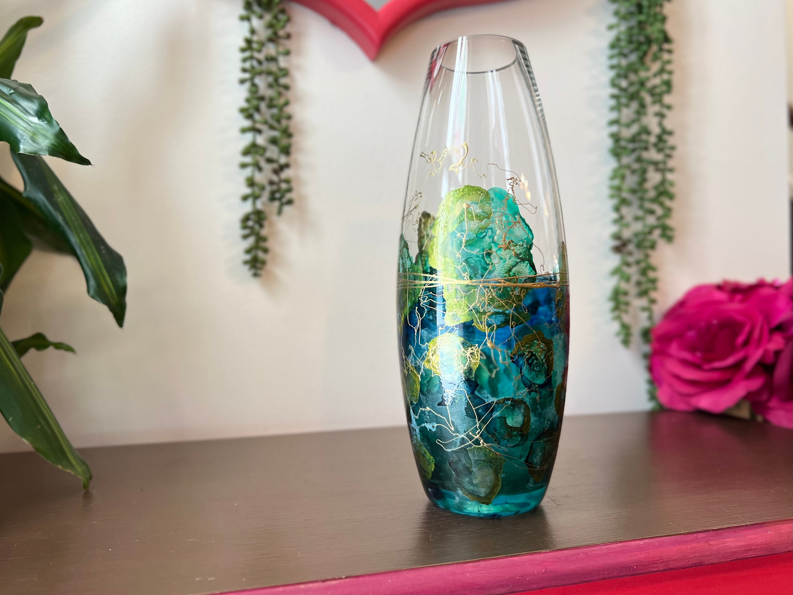 Vintage Gold Drizzle Enamel Art Glass Vase, Abstract Teal Blue Green ...