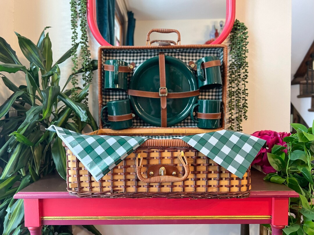 Vintage Wicker Picnic Basket Set Mid Century Picnic Set for 4 With