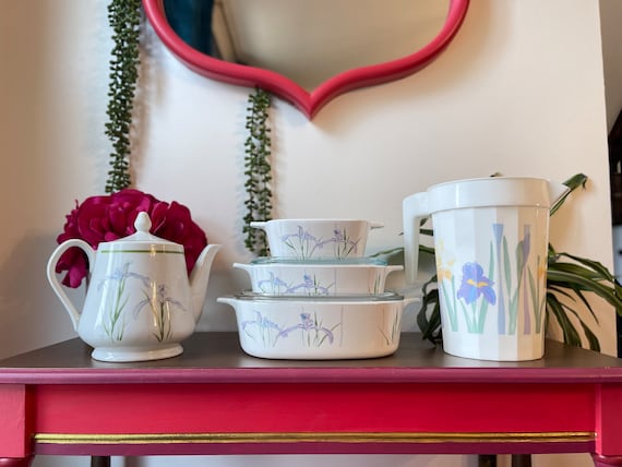 Vintage Corningware Shadow Iris Set: Casserole Dishes, Teapot