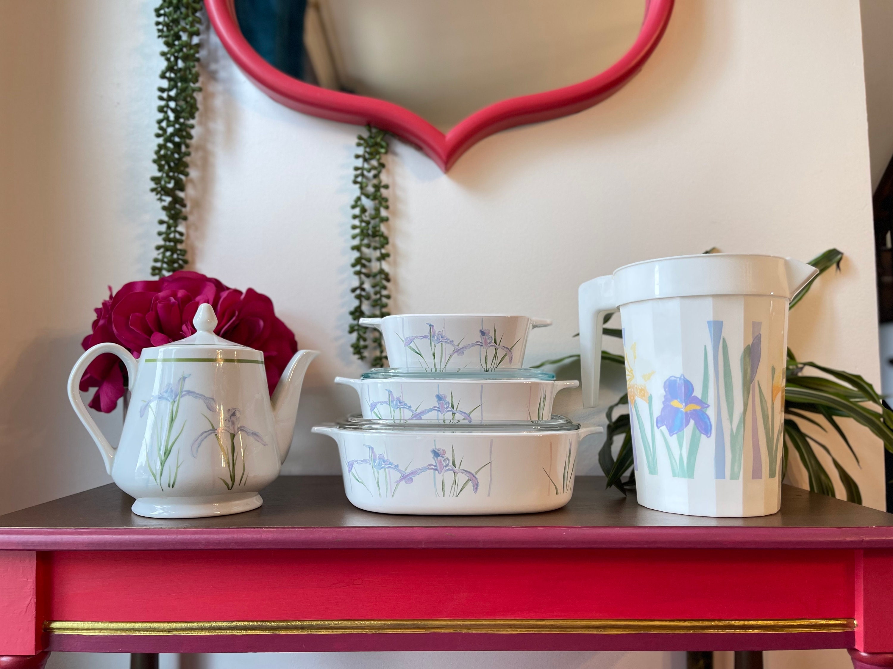Vintage Corningware Shadow Iris Set: Casserole Dishes, Teapot