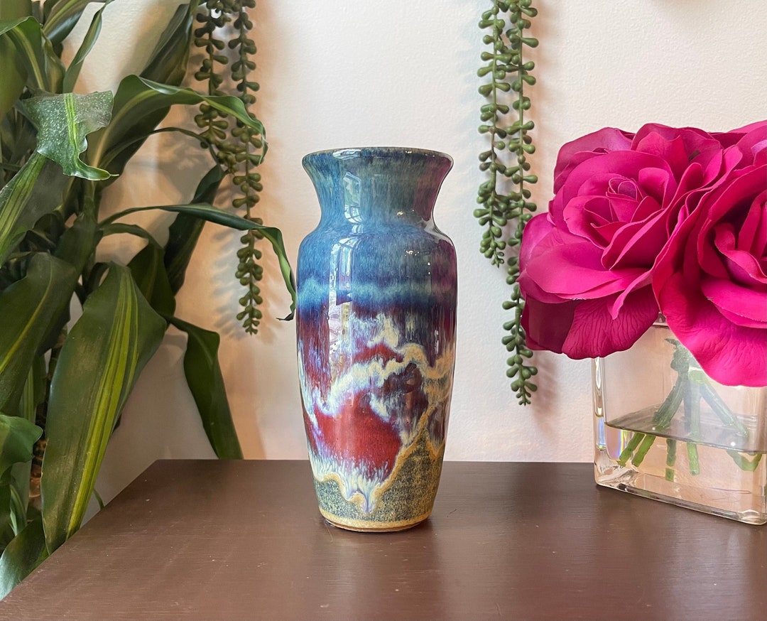 Vintage Blue Drip Glaze Pottery Vase, Hand Thrown Studio Art - Etsy