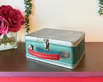 Vintage Metal Lunch Box, Teal & Red Retro Lunch Pail