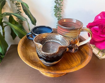 Vintage Drip Glaze Ceramic Coffee Set: Studio Pottery Mug, Espresso Cup & Wood Tray