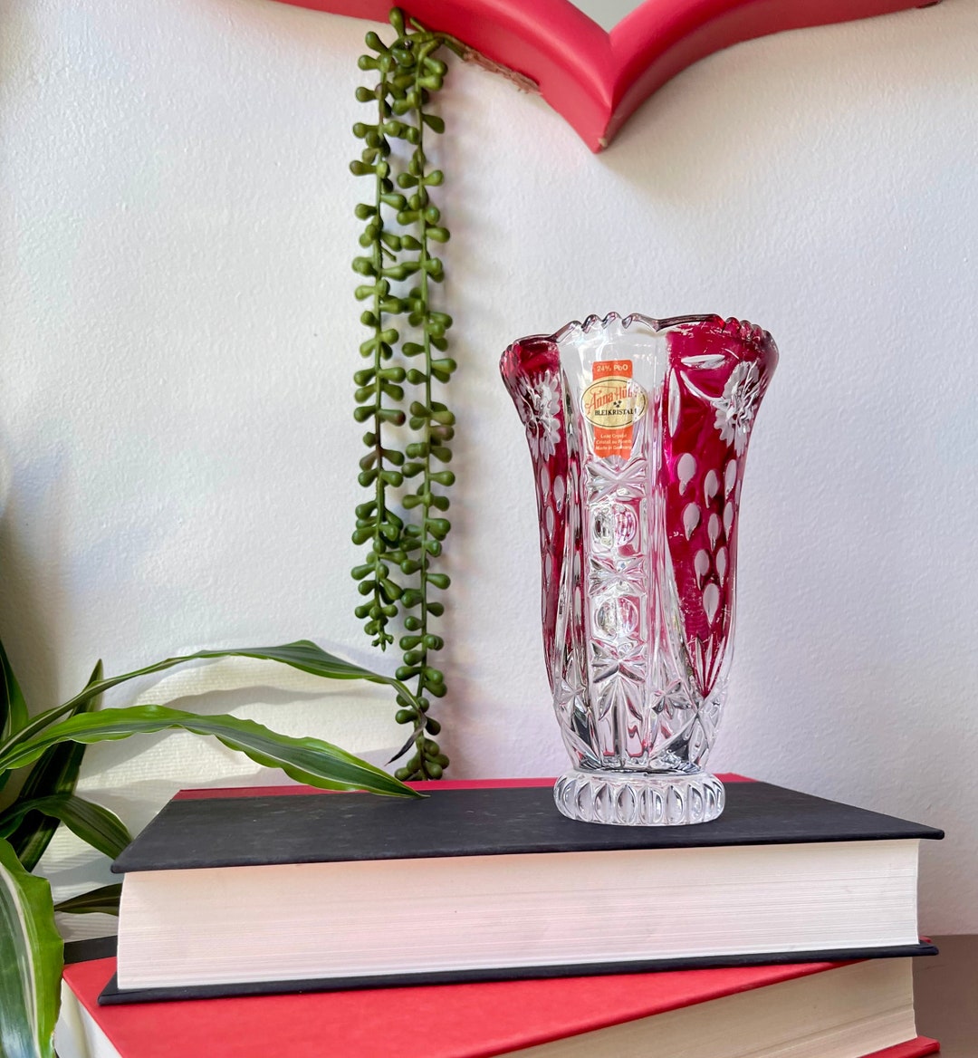 Vintage Red Etched Crystal Footed Vase, Mid Century Vase MCM, Anna