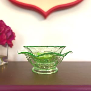 Uranium Green Depression Glass Platters | Vintage 1930s Vaseline Glass Glows Under UV | Green Floral Etched Glass Serving Tray Set