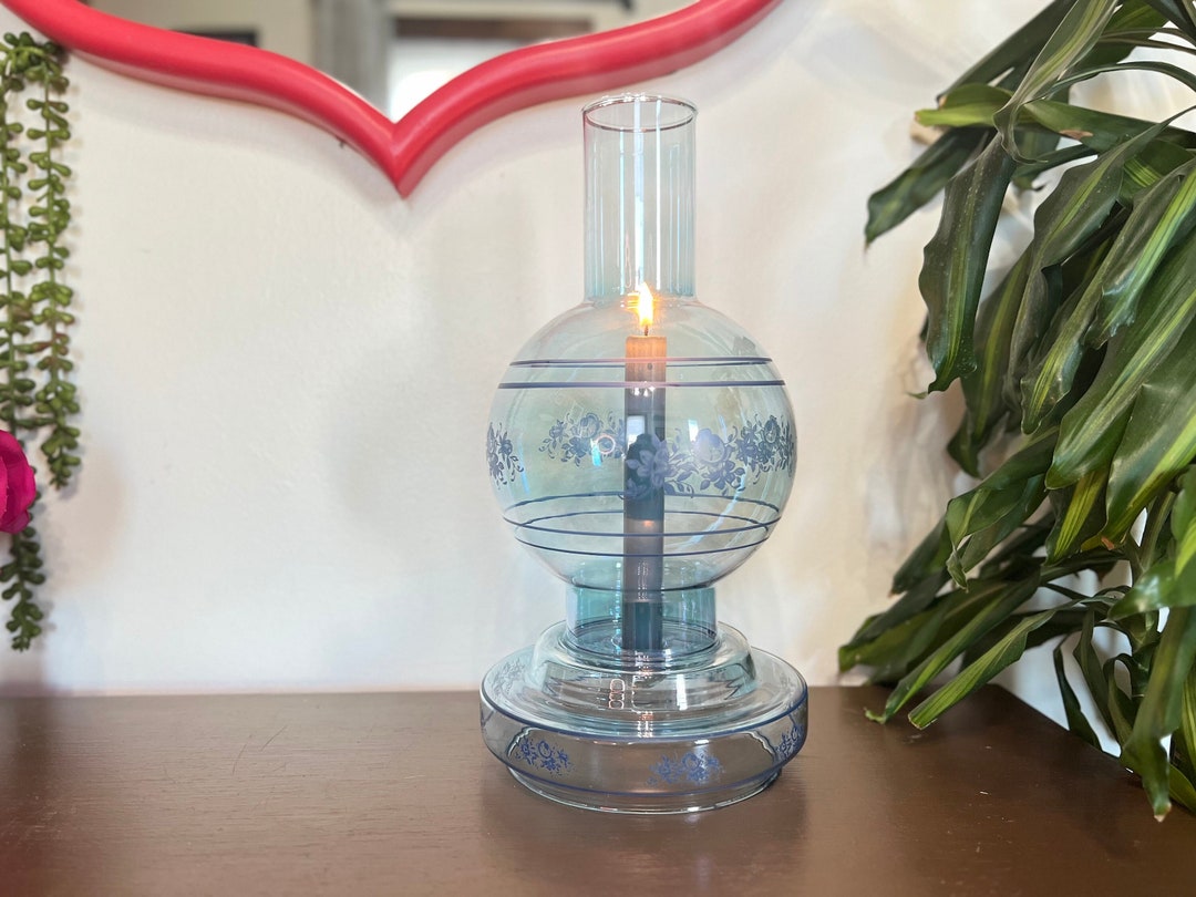 Vintage Taper Candle Lamp Blue Glass Hurricane Lamp for Taper Candle
