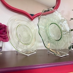 Anchor Hocking Glass Roulette Plate | Uranium Green Depression Glass Luncheon Plate | Vintage 1930s Vaseline Glows Under UV | Set of 2