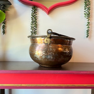 Vintage Copper Bucket with Iron Swing Handle | Antique Copper Cauldron | Large Hanging Copper Pot with Handle | Vintage Copper Decor