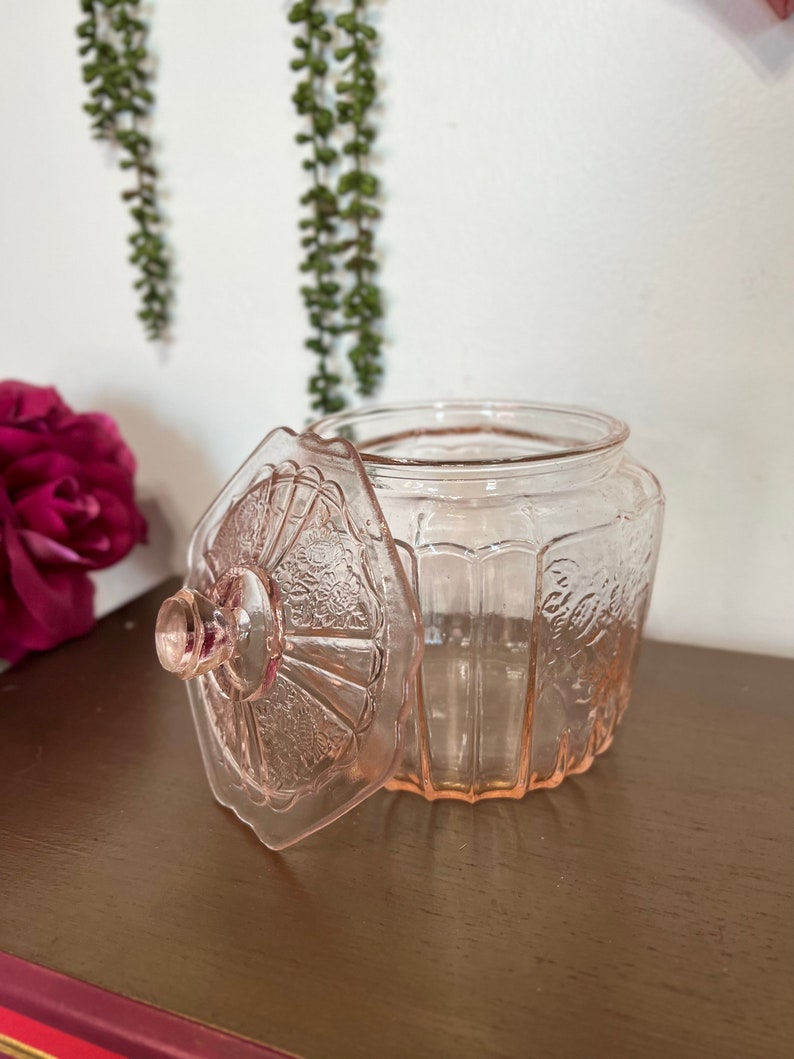 Vintage Pink Depression Glass Cookie Jar With Lid Pink Depression Glass Lidded Cookie Jar Pink