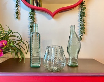 Vintage Sea Green Glass Vase Set | Fish Bottle, Ribbed, Tentacle Design