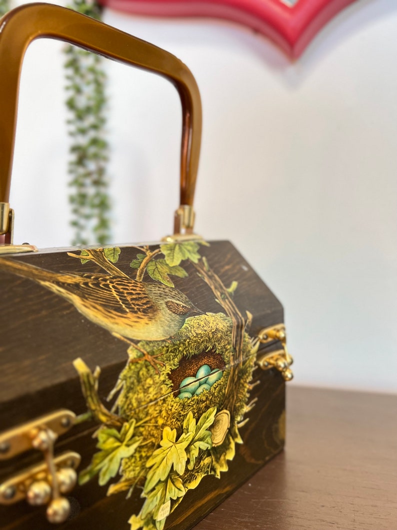 Vintage Decoupage Wood Box Purse Bird Handbag With Lucite Etsy