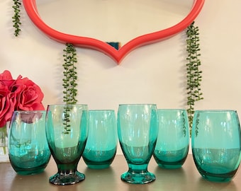 Aqua Blue Glass Tumblers, Mismatched Vintage Drinking Glasses, Set of 6