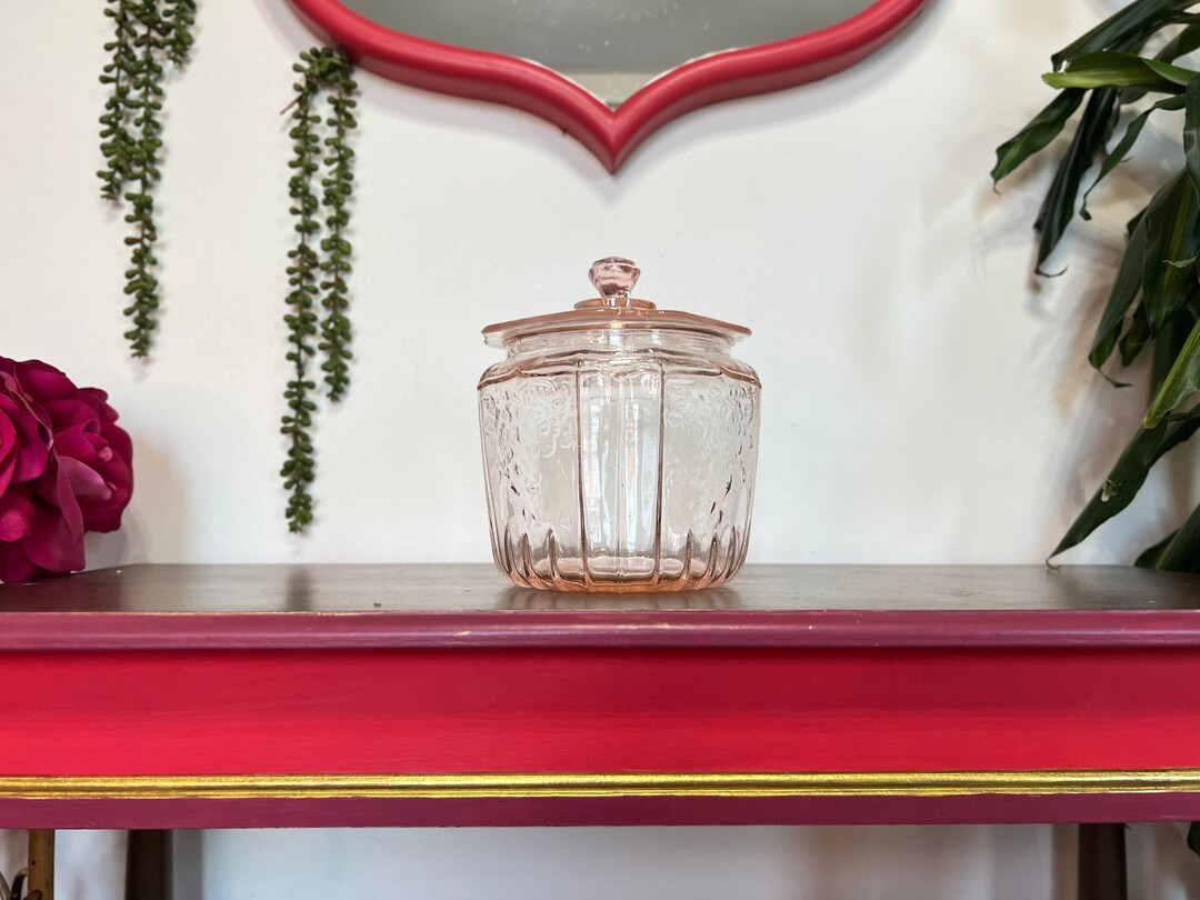 Vintage Pink Depression Glass Cookie Jar With Lid Pink Depression Glass Lidded Cookie Jar Pink