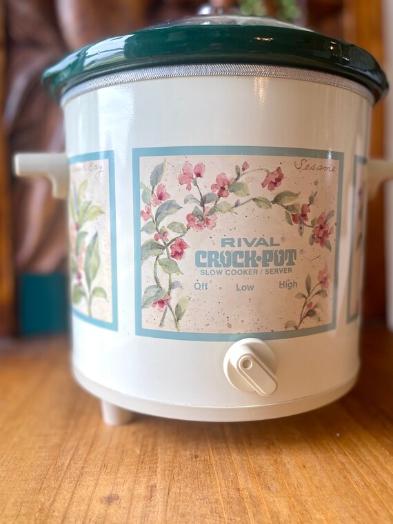 Vintage Rival Crockpot 3.5 Quart Floral Slow Cooker Herb Pattern Crockpot  With Original Plastic Lid Heated Slow Cooker Retro Kitchen 