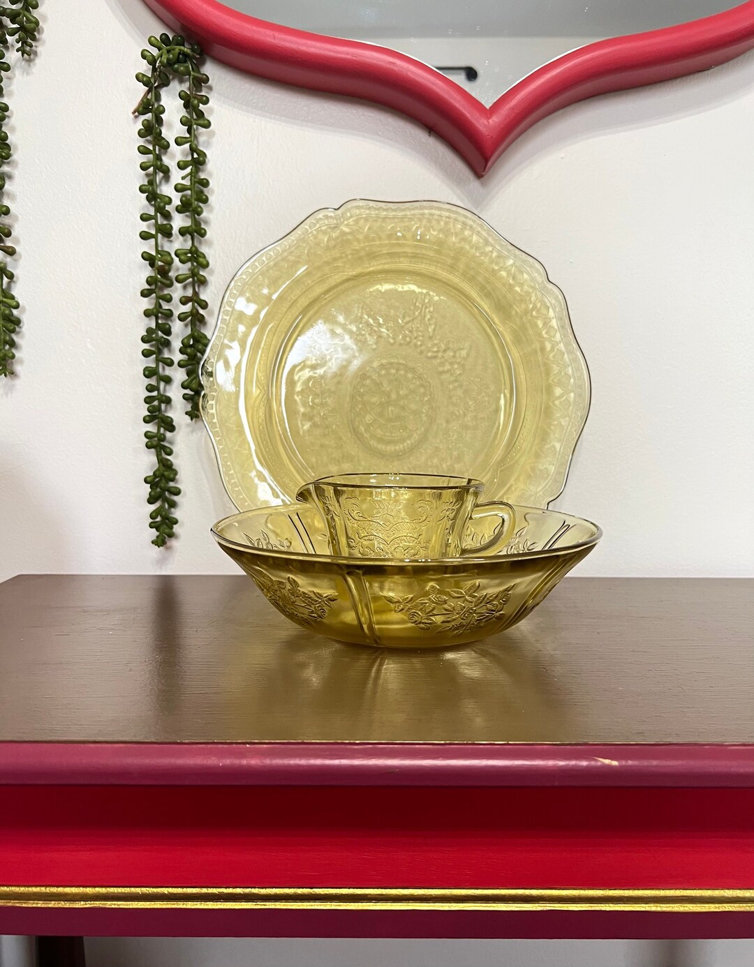 Vintage Yellow Depression Glass Set Yellow Glass Creamer, Serving