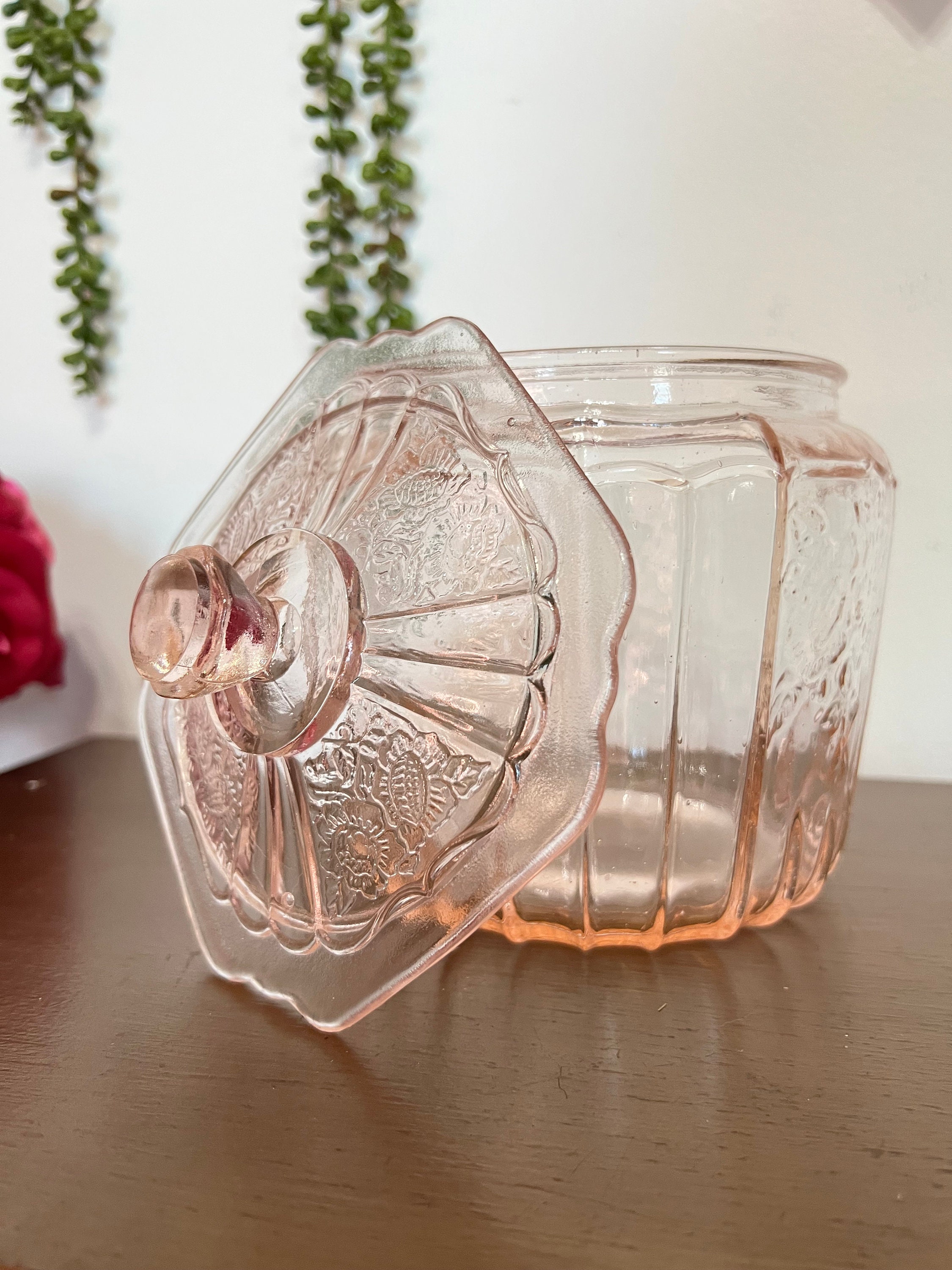 Vintage Pink Depression Glass Cookie Jar With Lid Pink Depression Glass Lidded Cookie Jar Pink
