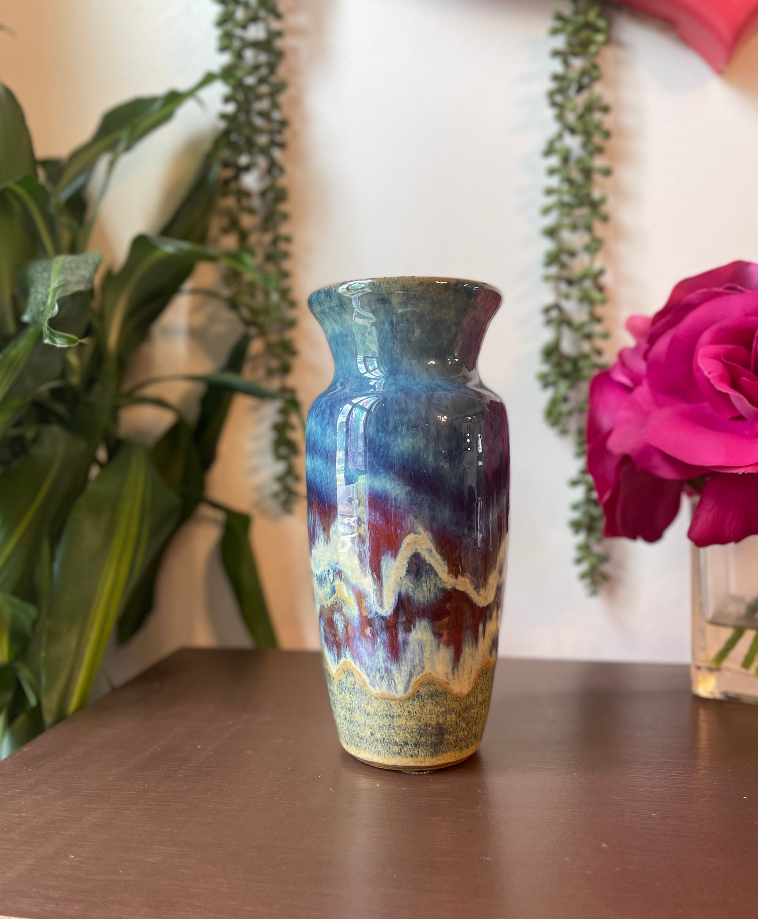 Vintage Blue Drip Glaze Pottery Vase, Hand Thrown Studio Art - Etsy