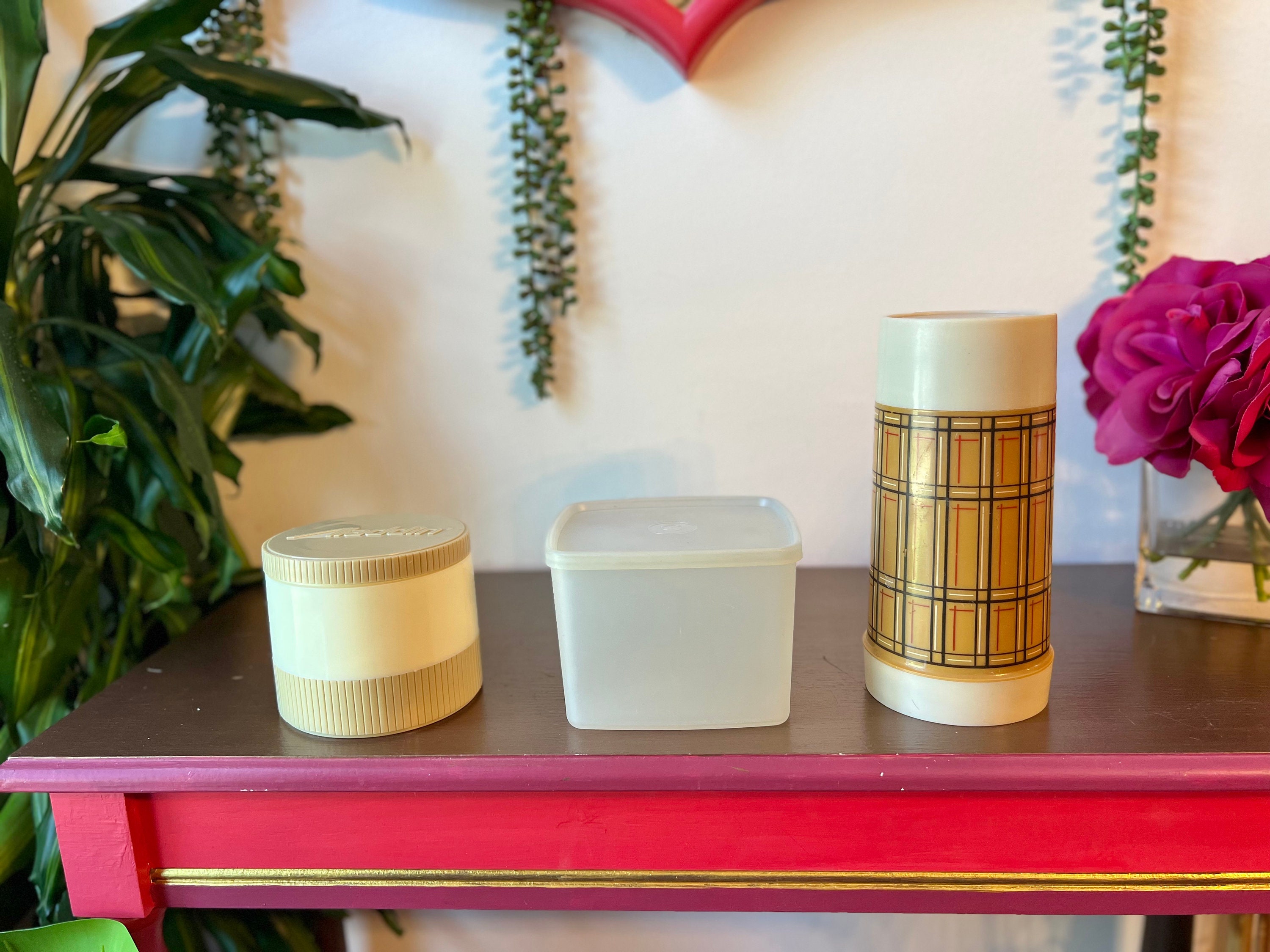 Vintage Thermos & Tupperware Set: Plaid Aladdin Thermos, Square ...