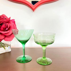 Uranium Green Depression Hocking Glasses | Vintage 1930s Vaseline Glass Glows Under UV | Green Vintage Cocktail Glasses | Set of 2