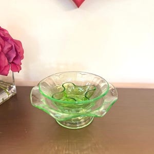 Uranium Green Depression Glass Platters | Vintage 1930s Vaseline Glass Glows Under UV | Green Floral Etched Glass Serving Tray Set