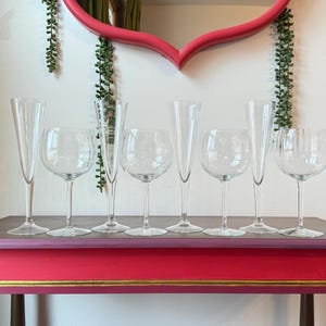 Vintage Optic Crystal Barware Set, 4 Balloon Wine Glasses, 4 Trumpet Flutes